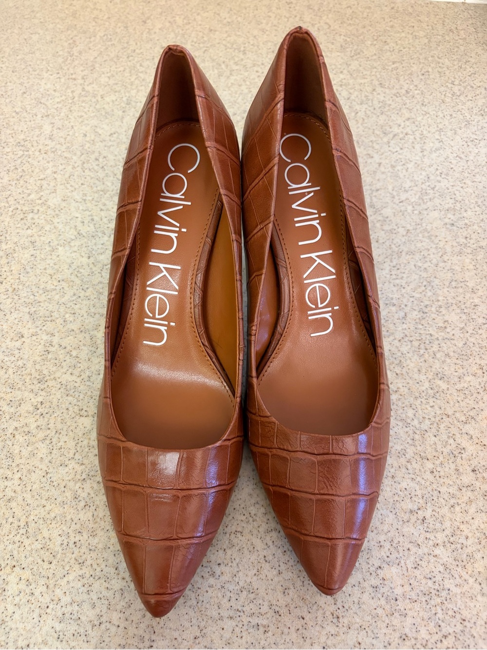 Calvin Klein Pointed Croc-Embossed Flats in Cognac Brown